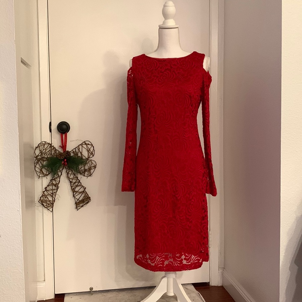Marina Red Lace open shoulder dress Size 8